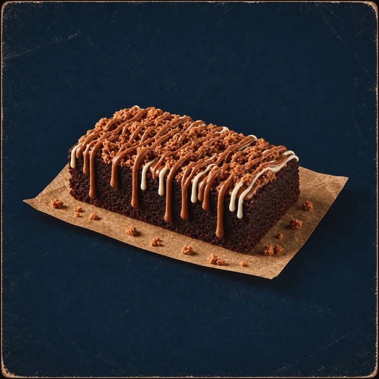 Ein Loaded Brownie mit Cookie-Stücken und Drizzles aus Milch- und weißer Schokolade