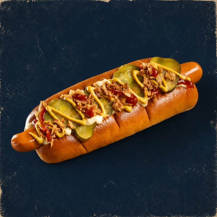 Üppig belegter Hot Dog mit Gurkenscheiben, Röstzwiebeln, Ketchup, Senf und heller Sauce