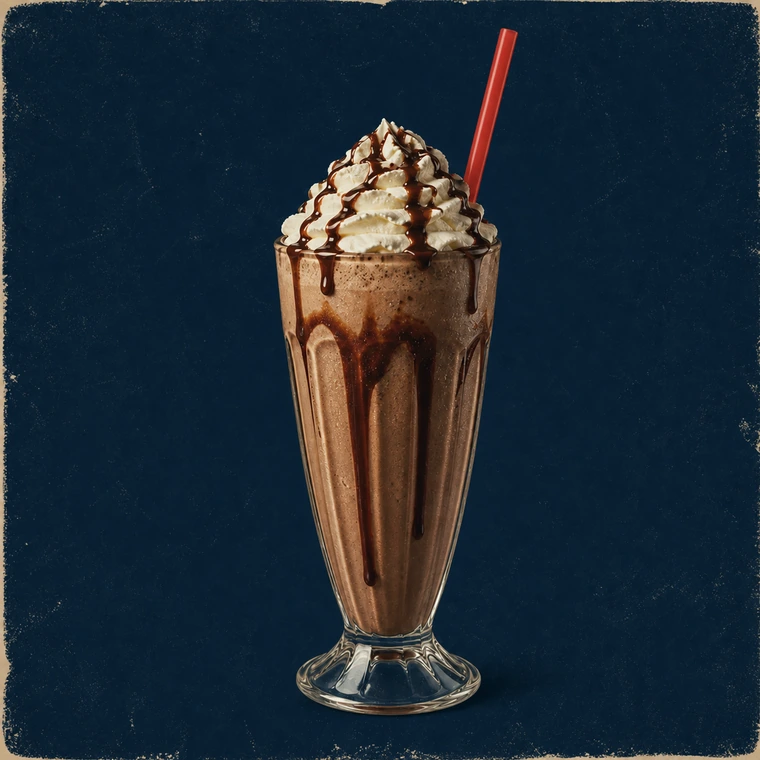 Schokoladen-Milchshake mit Sahne, Schokosauce und rotem Strohhalm