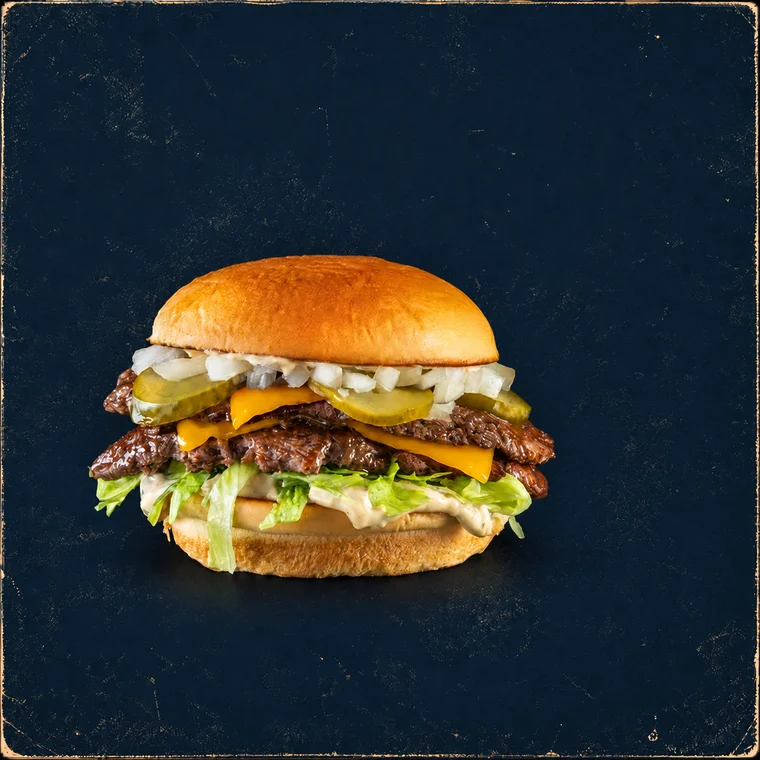 Doppelt belegter Smash Burger mit Cheddar, Gurken, Zwiebeln, Salat und Sauce