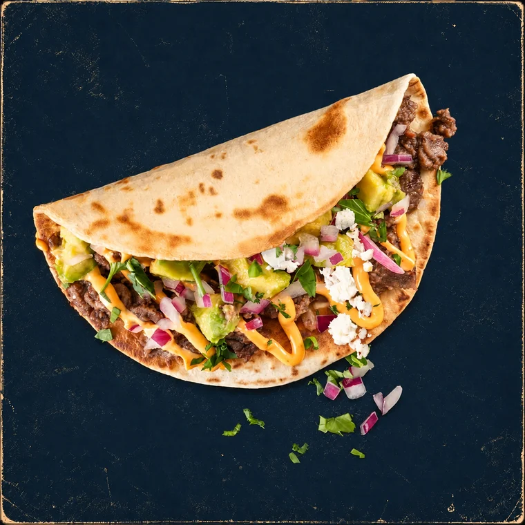 Großzügig gefüllter Taco mit Avocado, roten Zwiebeln, Kräutern, Käse und Sauce